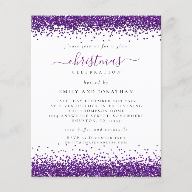 PAPER Purple Glitter Christmas Party White Invite (Front)