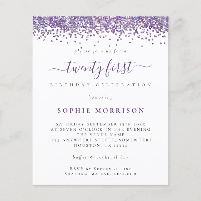 PAPER Purple Glitter Twenty First Party Invite (Front)