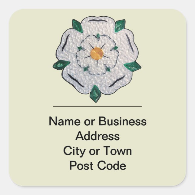 Paper Quilled Yorkshire White Rose 4-line Address Square Sticker (Front)
