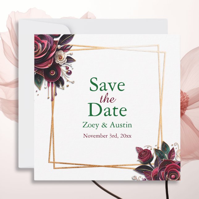 Paper Quilling Burgundy Roses Pearls Save the Date Invitation (Creator Uploaded)