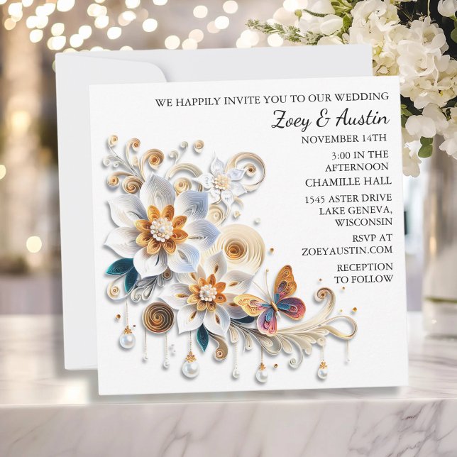 Paper Quilling Flowers and Butterfly Wedding Invitation (Creator Uploaded)