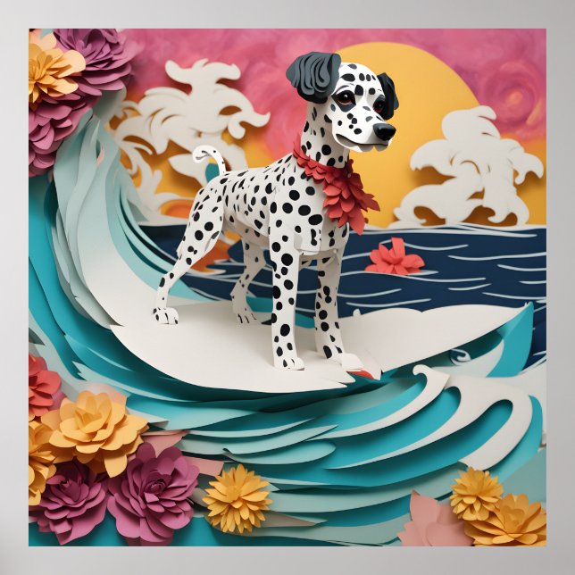 Paper Rococo Dalmatian Surfing Pastel Colours Poster (Front)
