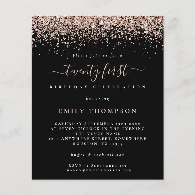 PAPER  Rose Glitter 21st Party Black Invitation (Front)