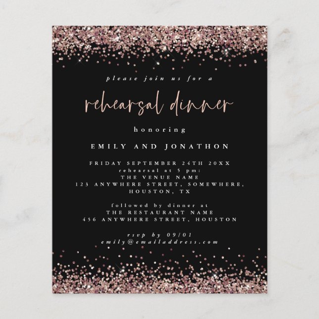 PAPER | Rose Glitter Black Rehearsal Dinner Invite (Front)