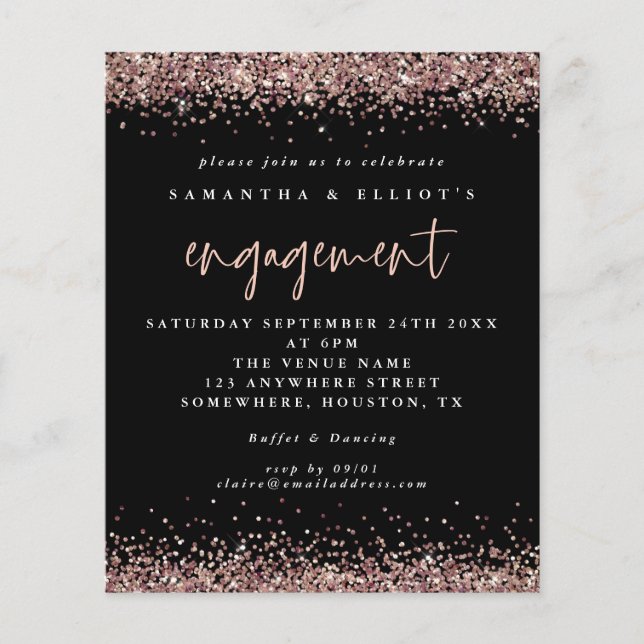 PAPER | Rose Gold Glitter Engagement Black Invite (Front)