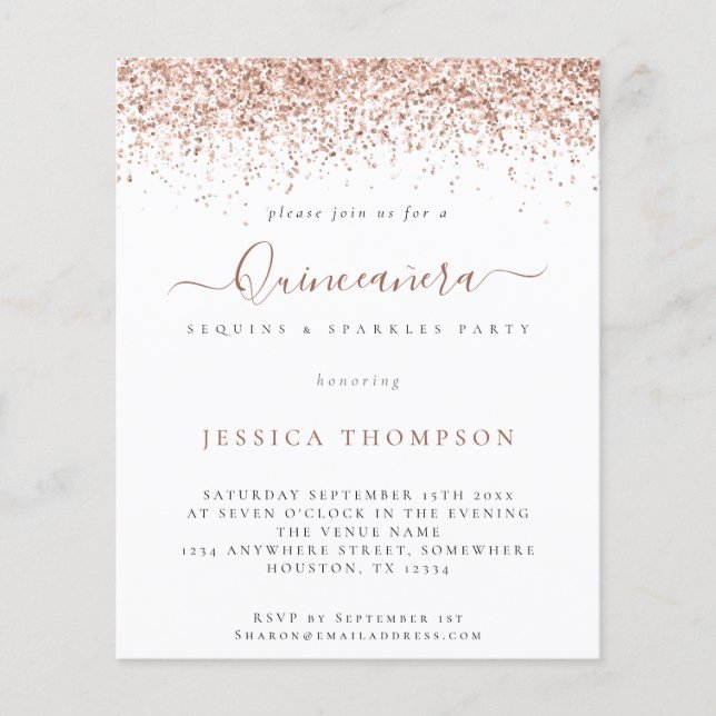 PAPER Rose Gold Glitter Quinceañera Invitation (Front)