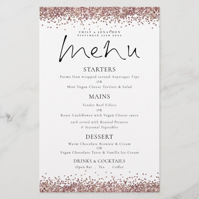 PAPER Rose Gold Glitter Script Wedding Menu (Front)
