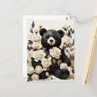 Paper Roses & Black Bear Valentine Postcard