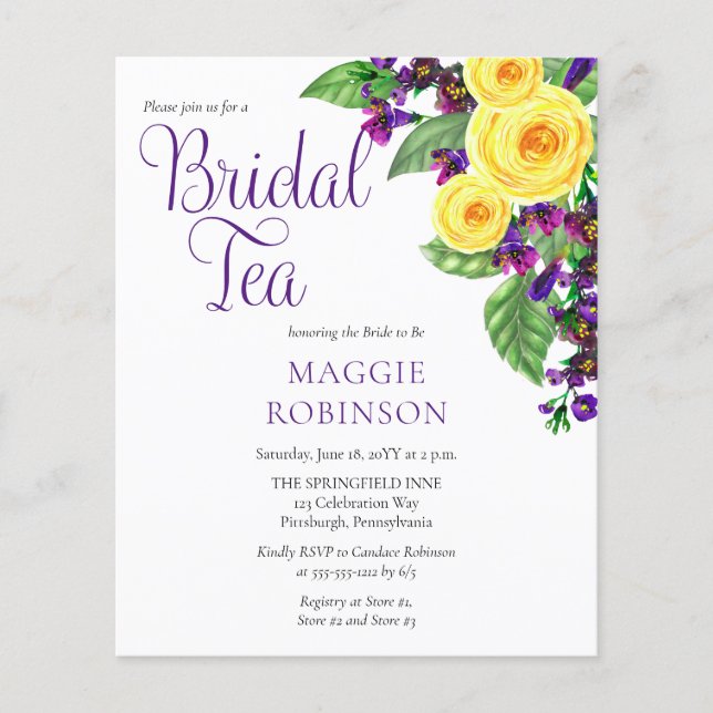 PAPER Roses Violets Floral Bridal Tea Invitation (Front)