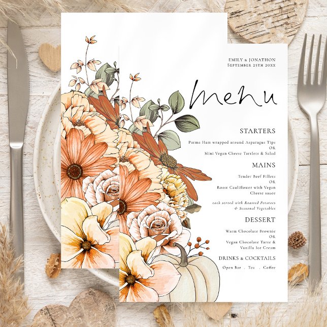 PAPER Rustic Fall Florals Pumpkin Wedding Menu (Front and back view)
