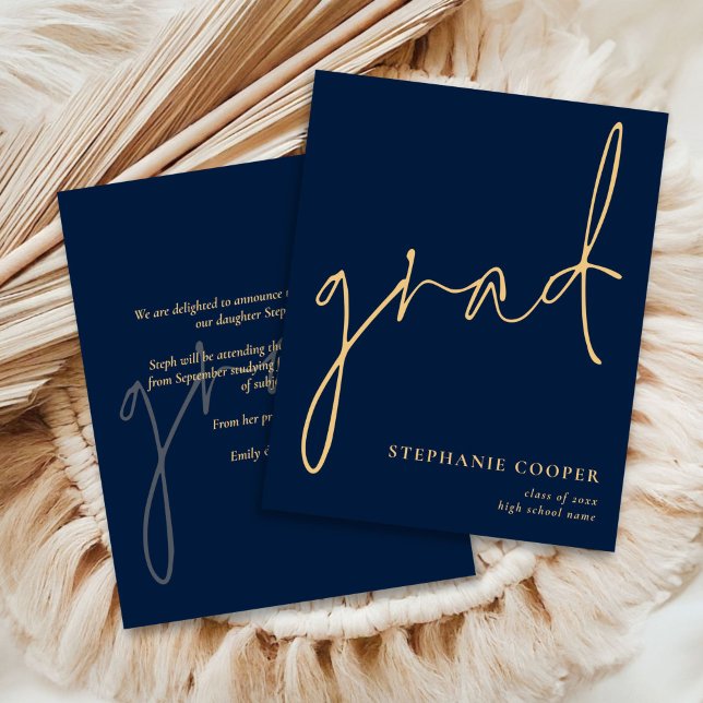PAPER Script Navy Gold Graduate Announcement (front and back view)