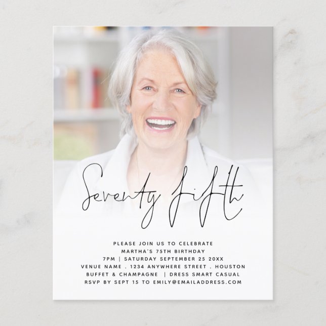 PAPER Script Photo 75th Birthday Party Invitation (Front)