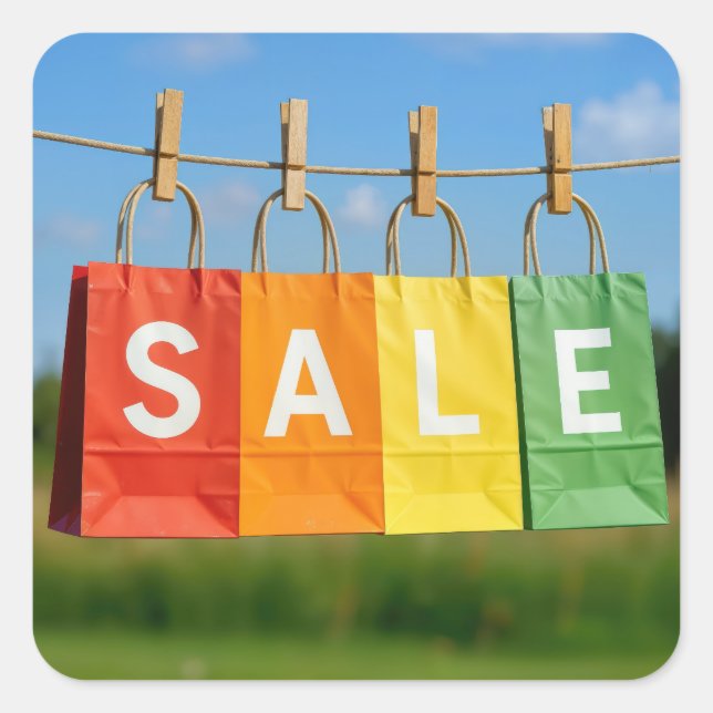 Paper Shopping Bags On a Clothesline Square Sticker (Front)