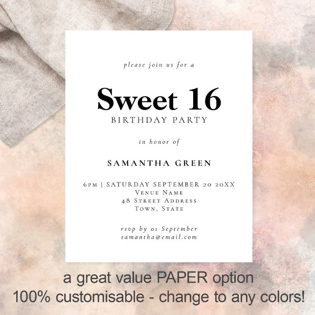 PAPER Simple Any Colour Sweet 16 Birthday Invite (Creator Uploaded)