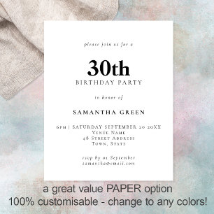 PAPER Simple Text Any Colour 30th Birthday Invite