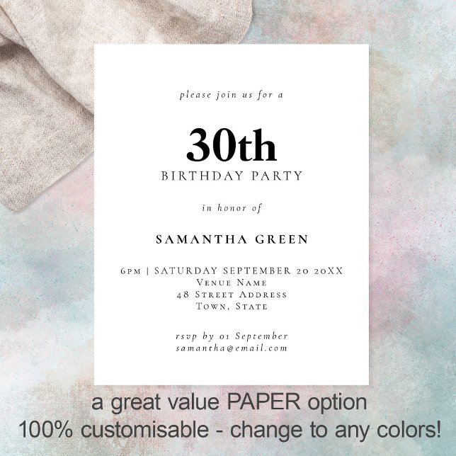 PAPER Simple Text Any Colour 30th Birthday Invite (Creator Uploaded)