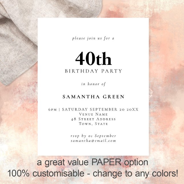 PAPER Simple Text Any Colour 40th Birthday Invite (Creator Uploaded)