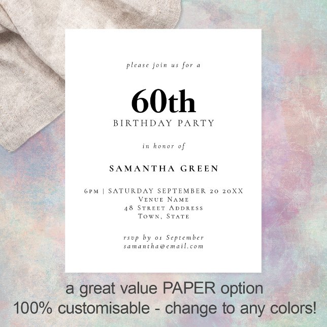 PAPER Simple Text Any Colour 60th Birthday Invite (Creator Uploaded)