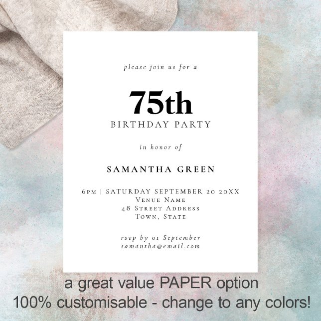 PAPER Simple Text Any Colour 75th Birthday Invite (Creator Uploaded)