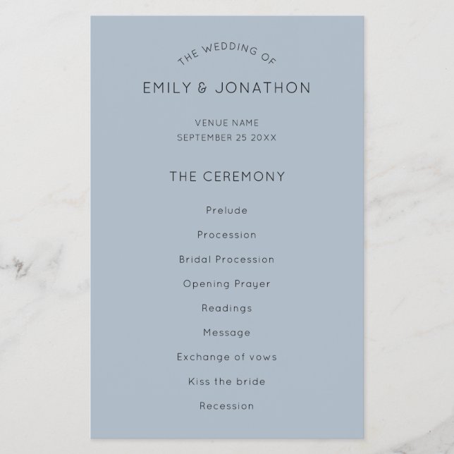 PAPER | Simple Text Dusty Blue Wedding Program (Front)