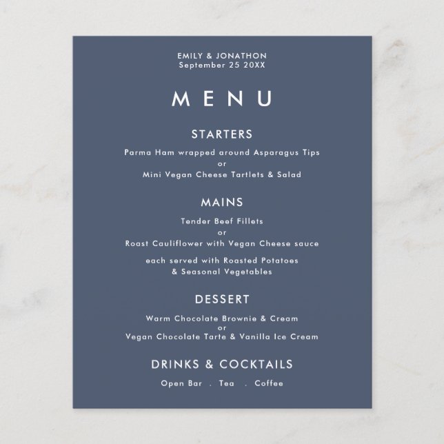 PAPER  Simple Text Dusty Navy Blue Wedding Menu (Front)