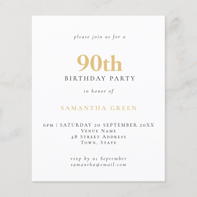 PAPER Simple Text Gold Black 90th Birthday Invite (Front)