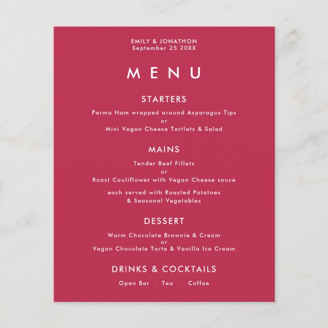PAPER  Simple Text Magenta Wedding Menu (Front)