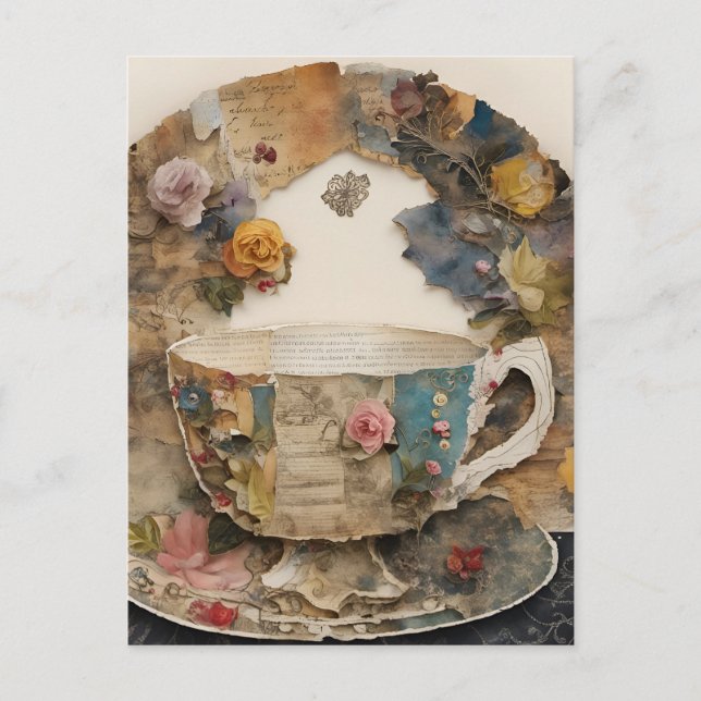 Paper Teacup Mixed Media Collage Postcard (Front)