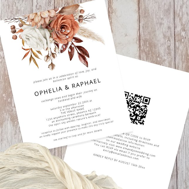 PAPER Terracotta Florals QR Code Bohemian Wedding (Front and Back View)