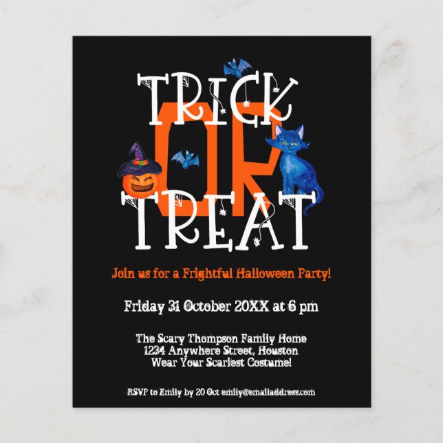 PAPER |Trick Or Treat Halloween Party Black Invite (Front)