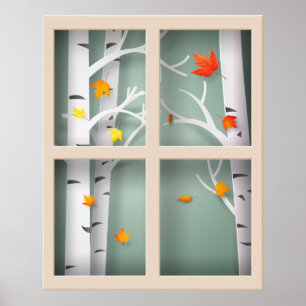 Papercut Aspen Trees in Autumn Window Poster