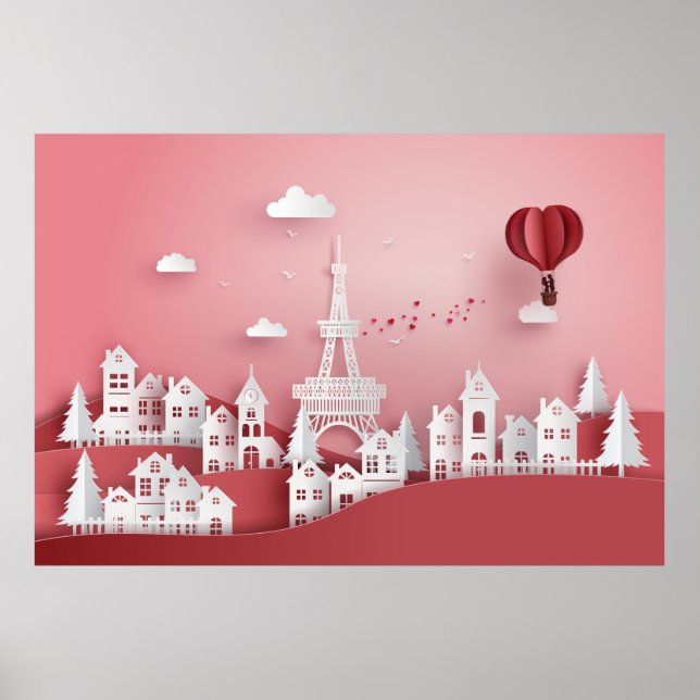Papercut Couple Hot Air Balloon in Paris Poster (Front)