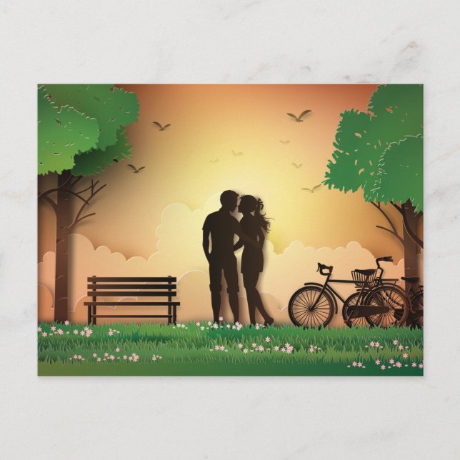 Papercut Couple in Park Sunset, bike Postcard (Front)