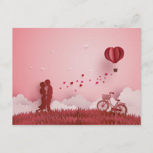 Papercut Couple Red Bide Hot Air Balloon Postcard