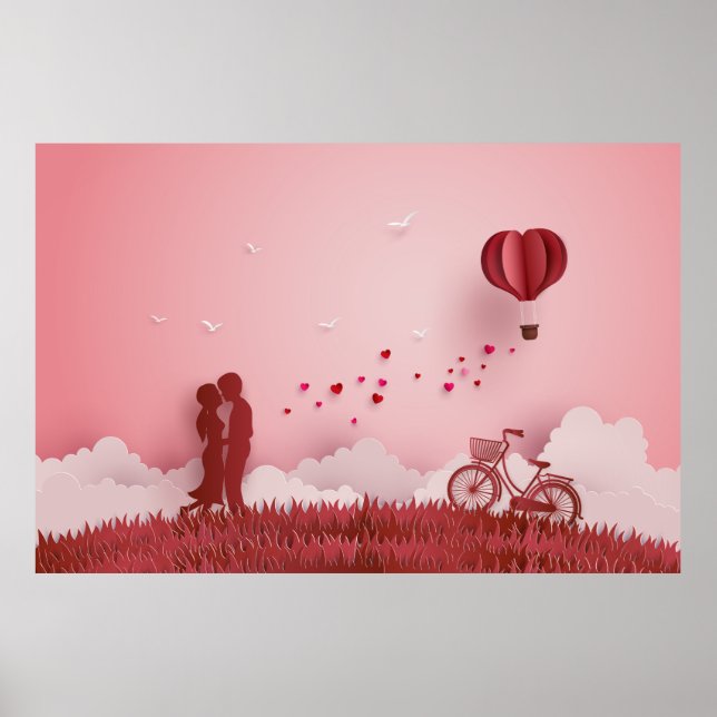 Papercut Couple Red Bide Hot Air Balloon Poster (Front)