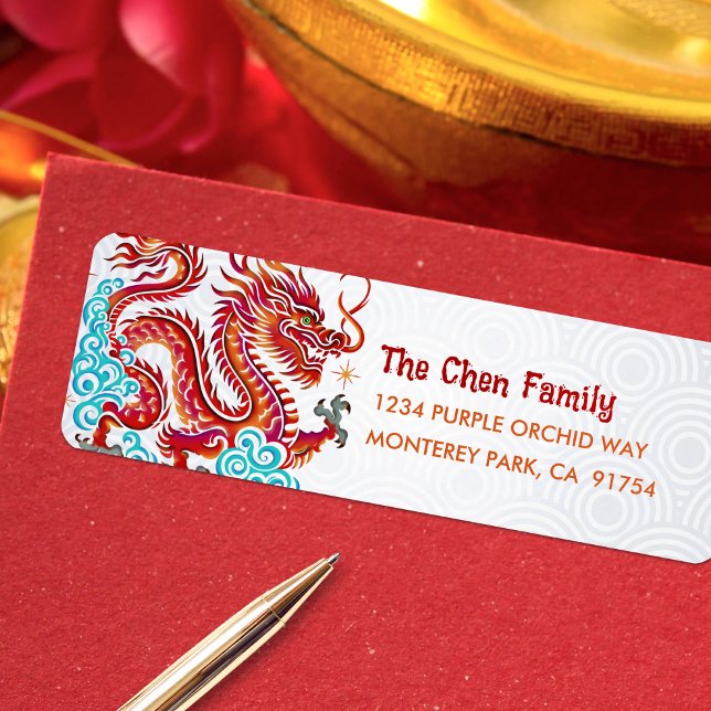 Papercut Dragon Chinese Lunar New Year 2024 Red Return Address Label (LINK FOR 2026 YEAR OF THE HORSE: www.zazzle.com/collections/119527212422228266)
