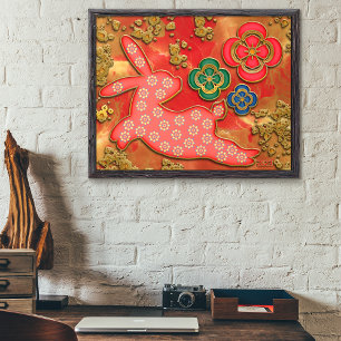 Papercut Flowers Red Gold Rabbit Chinese New Year Poster