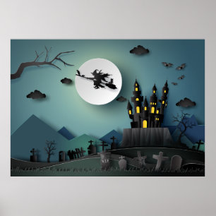 Papercut Halloween House, Witch, Graveyard Scene Poster