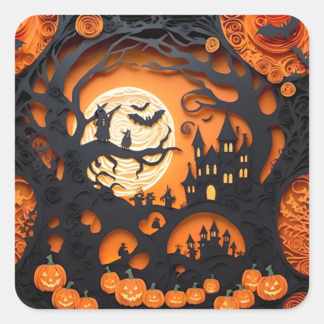 Papercut Halloween Scene Square Sticker (Front)