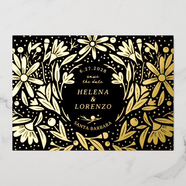 Papercut Rustic Flowers Black Save the Date Gold (Front)
