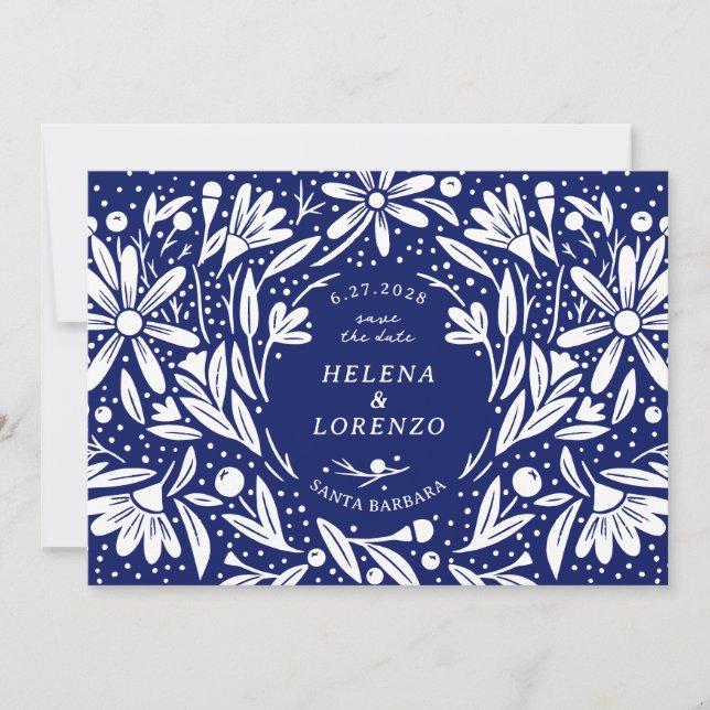 Papercut Rustic Flowers Navy Blue Save The Date (Front)