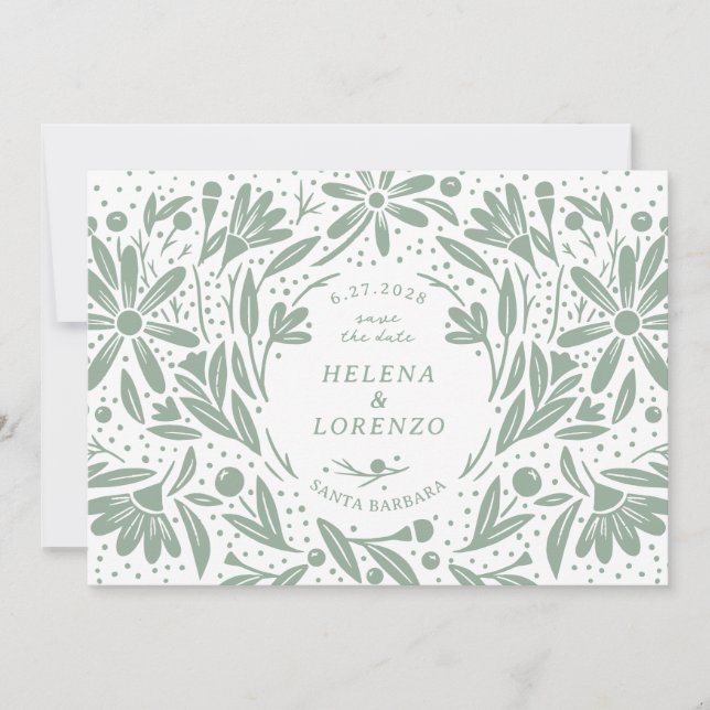 Papercut Rustic Flowers Sage Green Save The Date (Front)