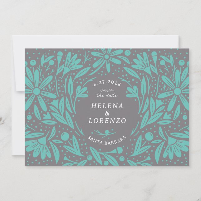 Papercut Rustic Flowers Teal Grey Save The Date (Front)