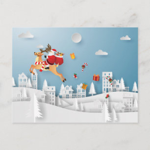 Papercut Santa delivering Gift over City Christmas Postcard