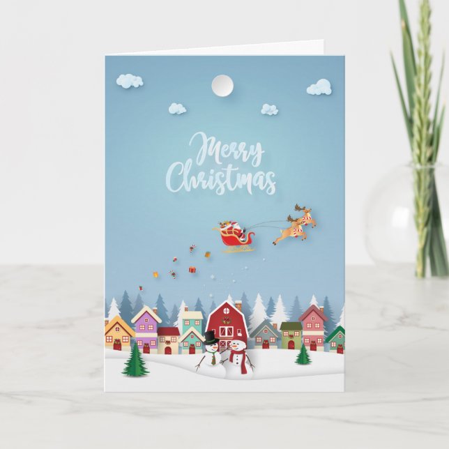 Papercut Santa Red Barn Snowmen Christmas Holiday Card (Front)