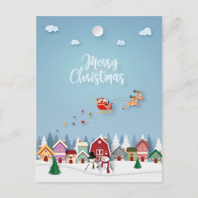 Papercut Santa Red Barn Snowmen Christmas Postcard (Front)