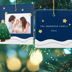 Papercut Stars & Snowy Christmas Tree Family Photo Ceramic Ornament