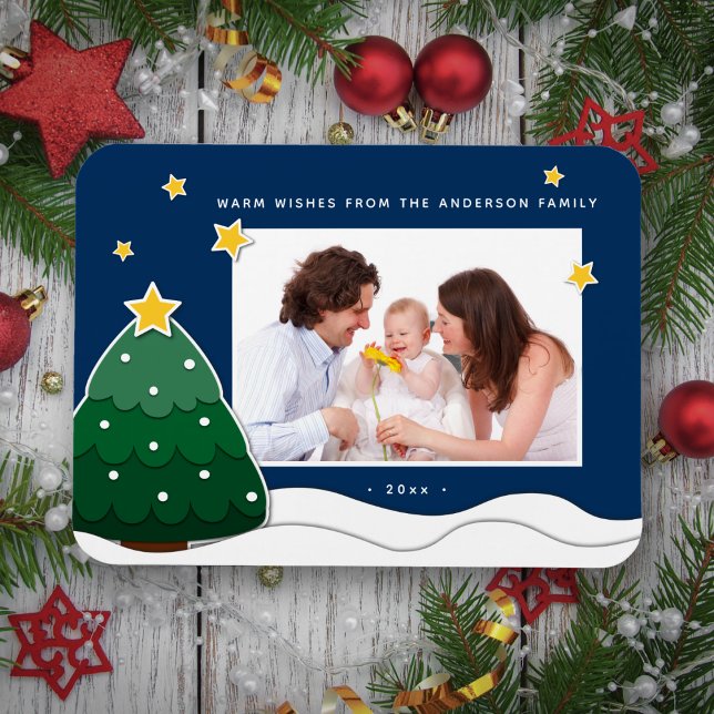 Papercut Stars & Snowy Christmas Tree Family Photo Magnet (Creator Uploaded)