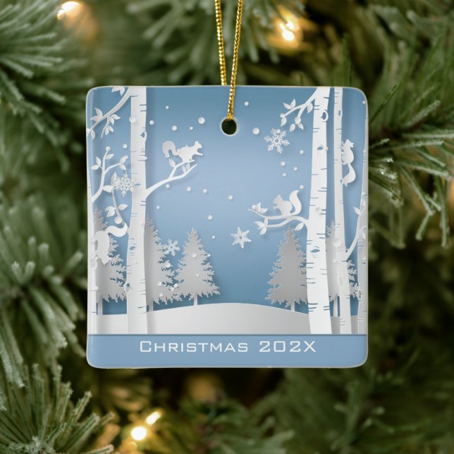Papercut Winter Forest and Squirrels Ceramic Ornament (Tree)