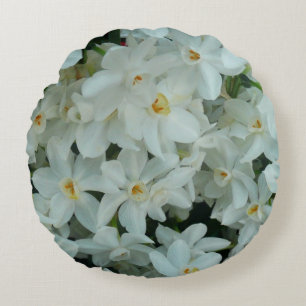 Paperwhite Narcissus Delicate White Flowers Round Cushion